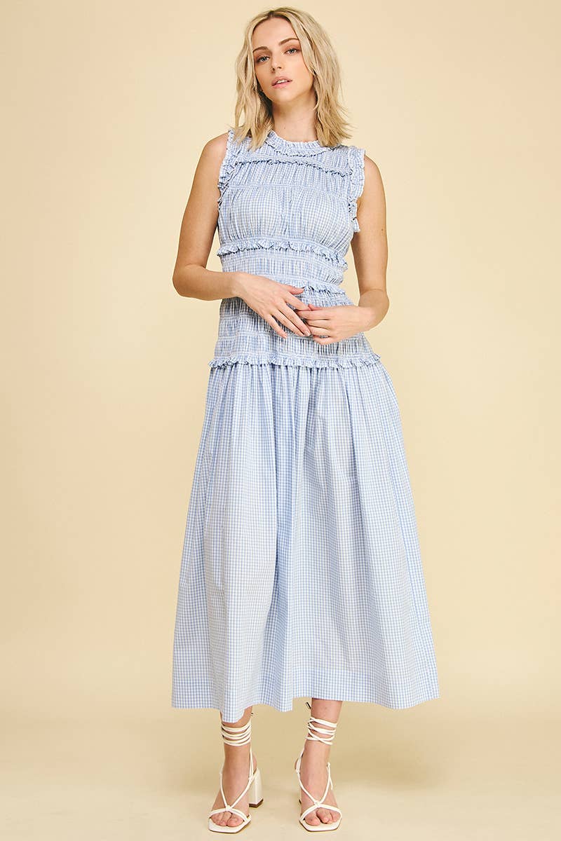 Gingham Shirring Detailed Maxi Dress - Blue