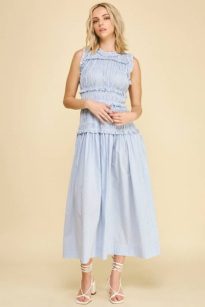 Gingham Shirring Detailed Maxi Dress - Blue