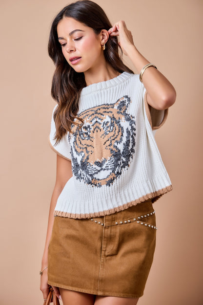 Game Day Tiger Intarsia Sweater Vest - Ivory/Brown