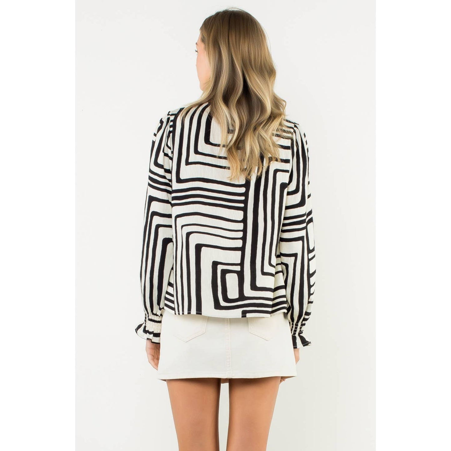 Abstract Print Long Sleeve V-Neck Top - Cream