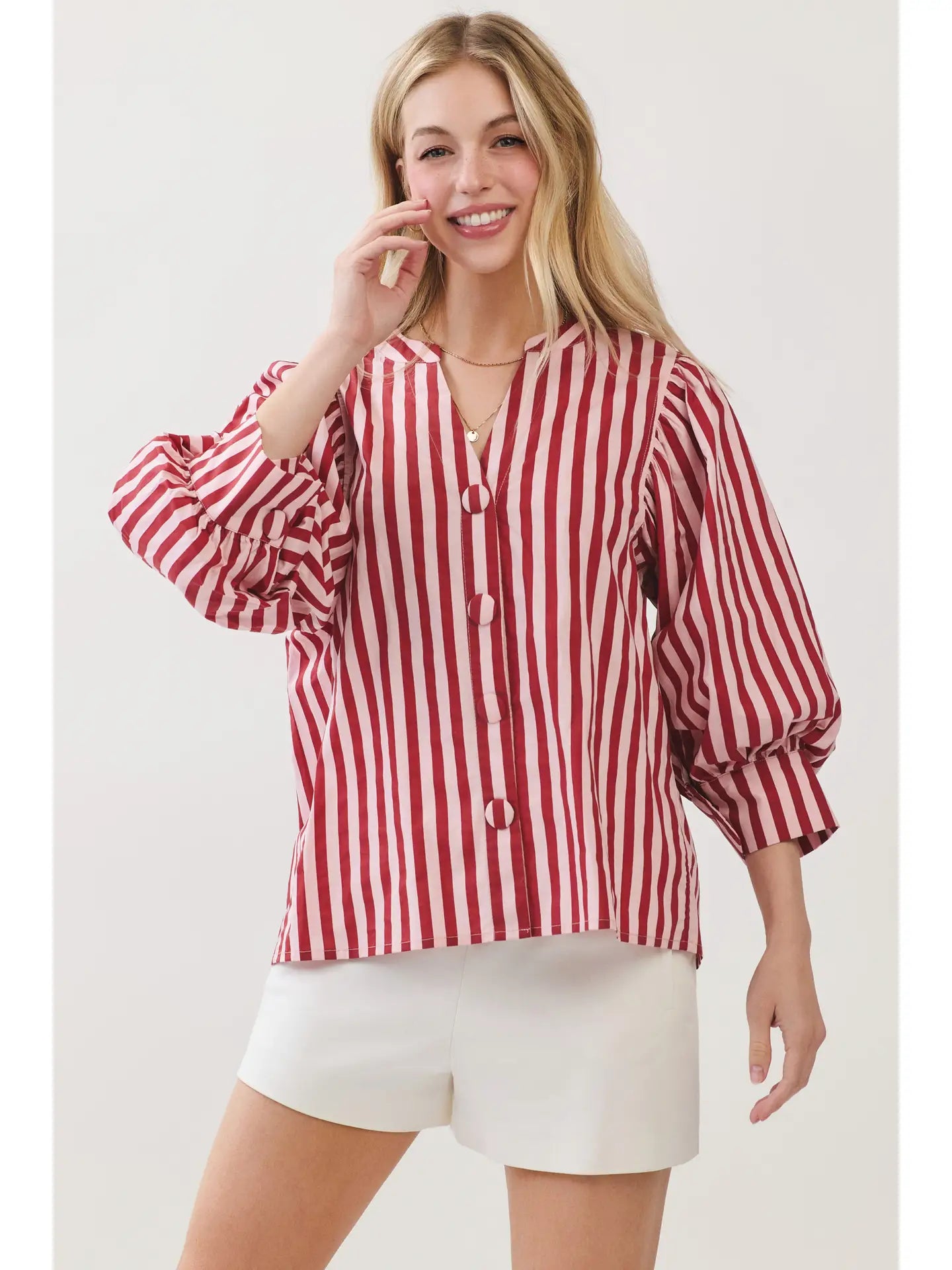 Stripe Bishop Sleeve Blouse - Pink/Wine