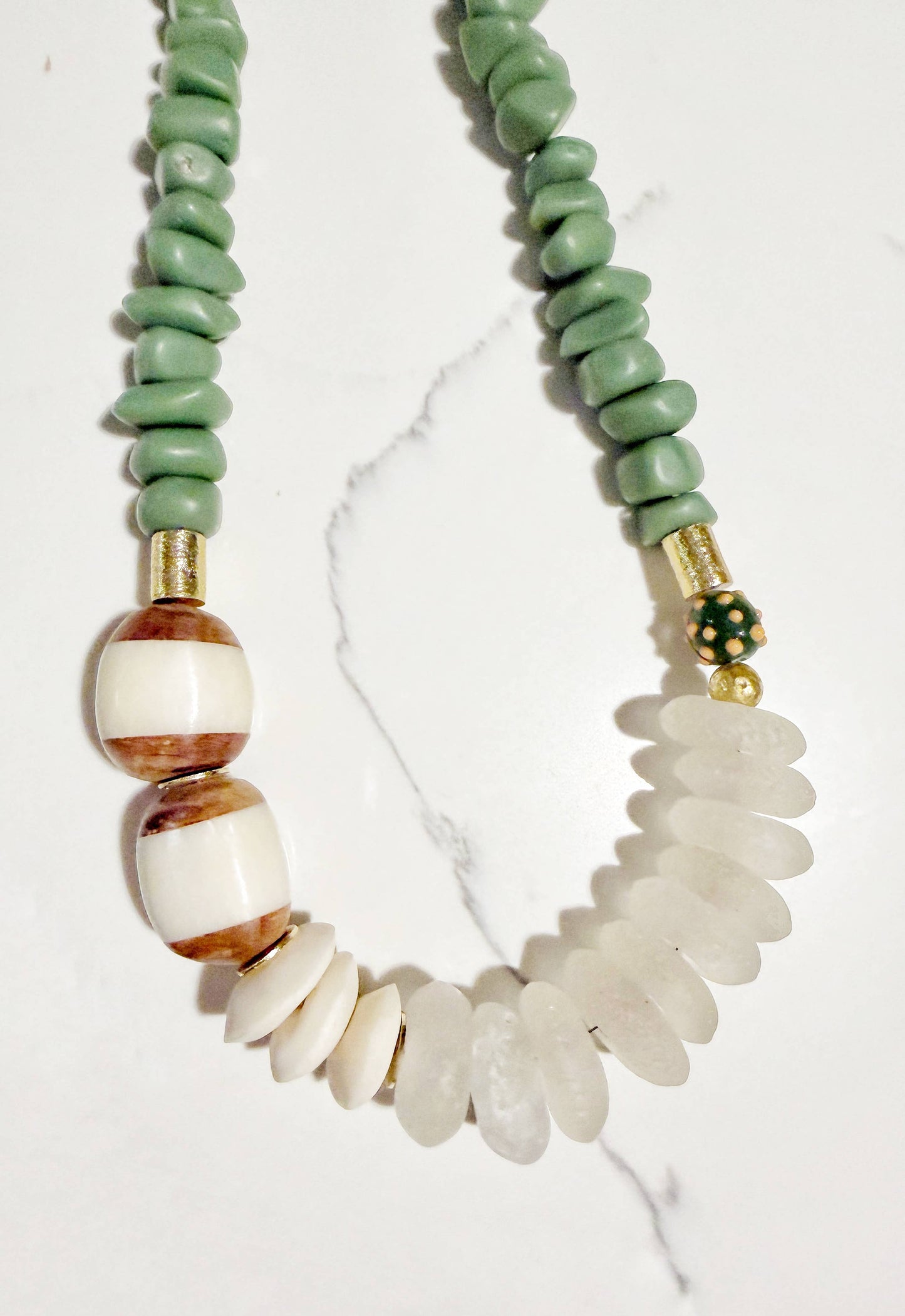 Midi Short Resin Bead Necklace - African Bone & Recycled Glass Green