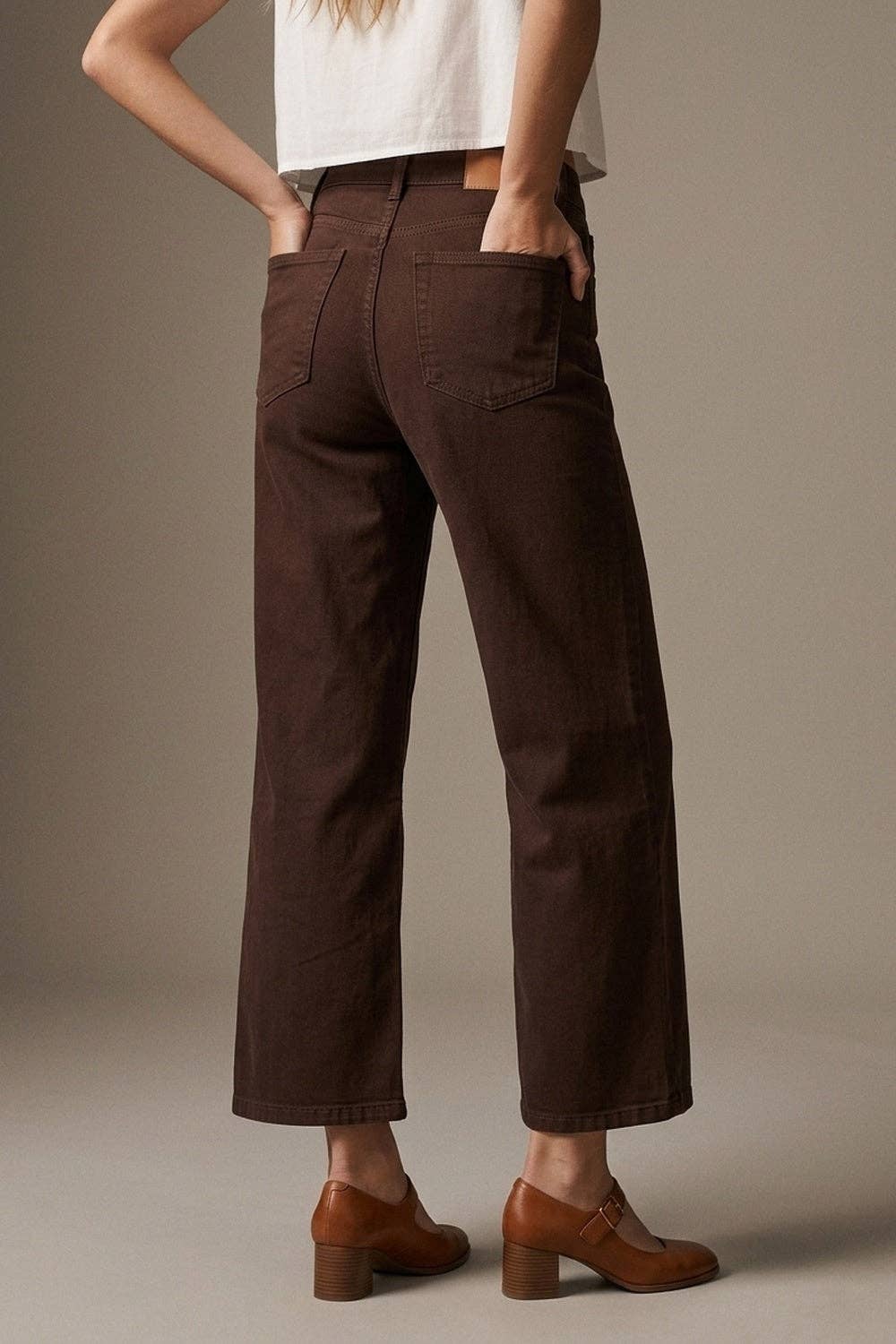 Wide Leg Cropped Jeans - Chocolate Brown