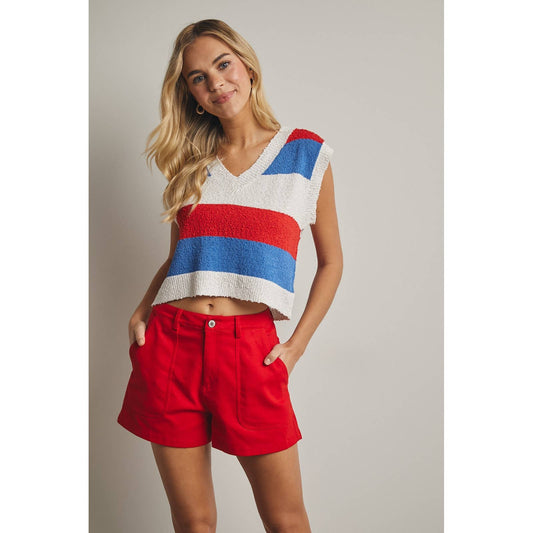 Striped Relaxed Crop Sweater Vest - Off White/Red