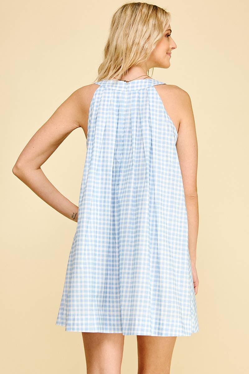 Gingham A-Line Mini Dress - Baby Blue