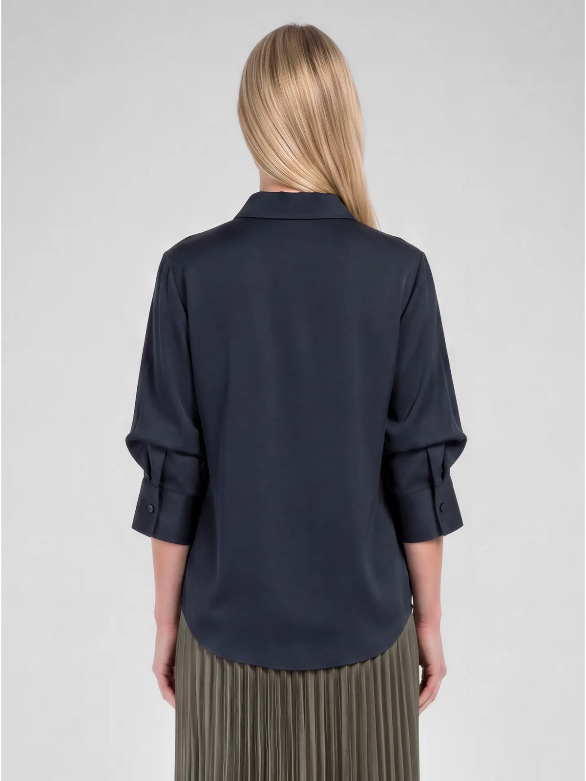 Satin 3/4 Sleeve Button-Down Shirt - Dark Navy