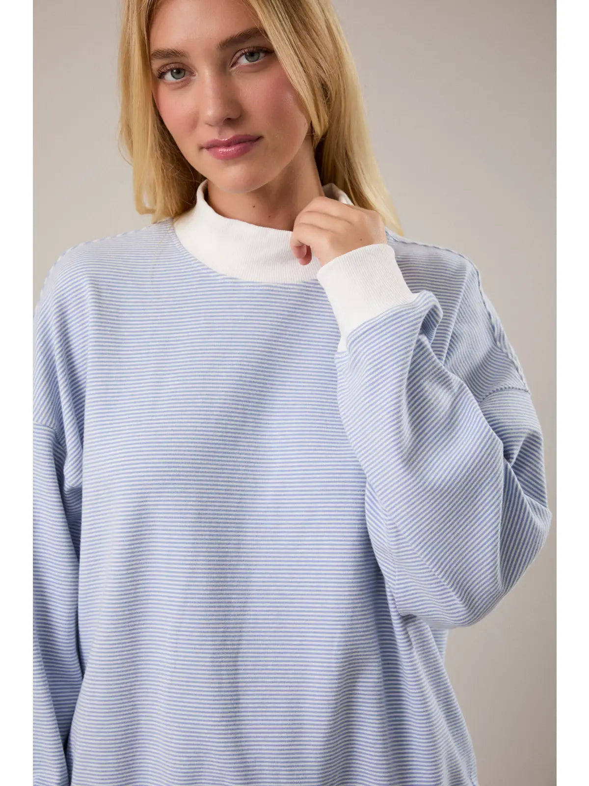 Mock Neck Stripe Sweatshirt Top - Light Blue/Cream