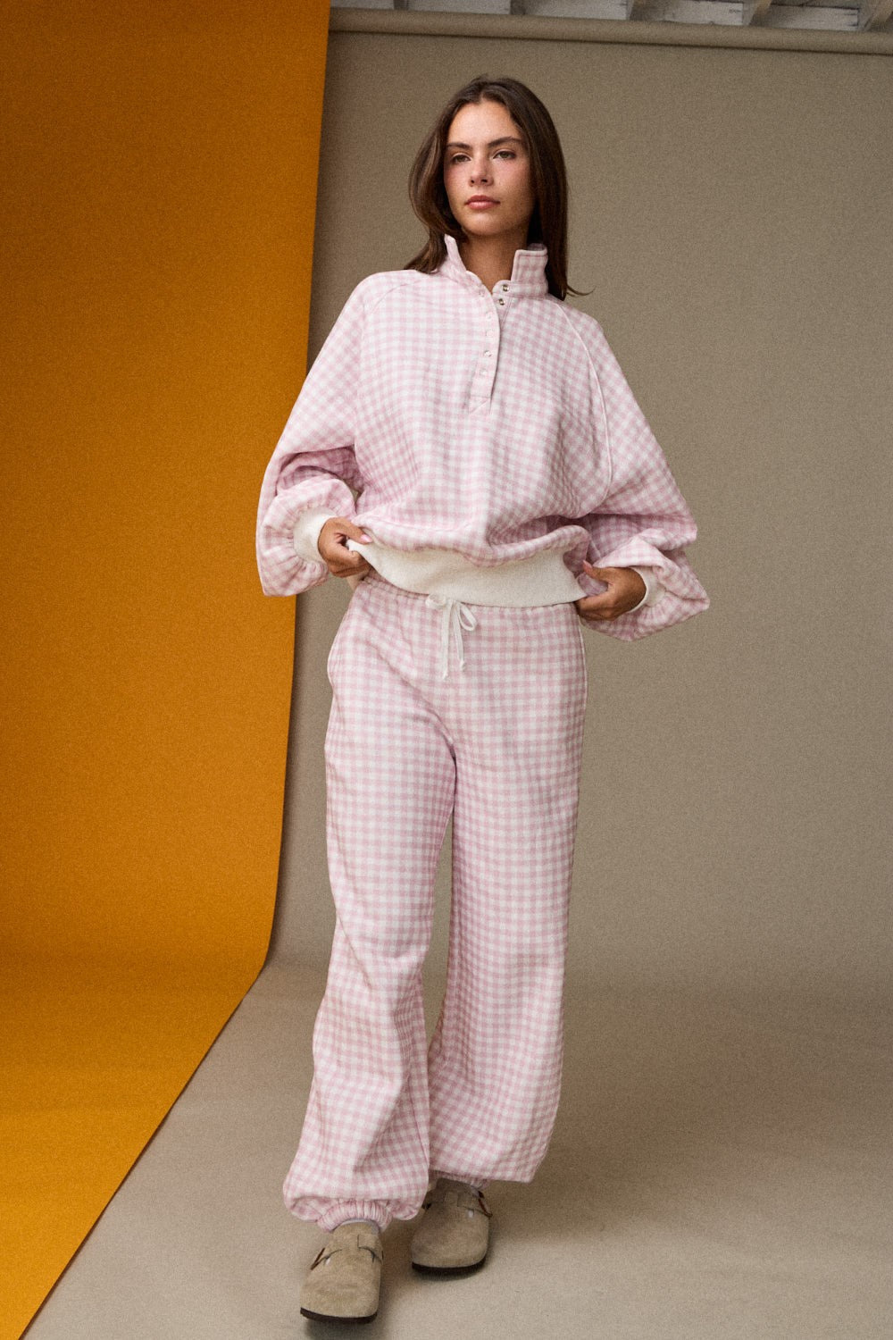 Gingham Quarter-snap Pullover - Pink/White