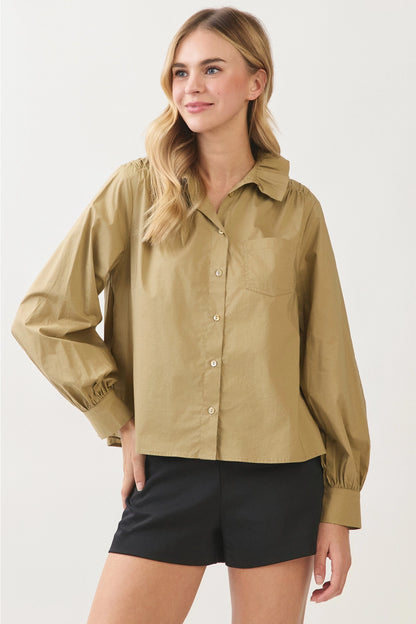 Ruffled High-Neck Button Down Shirt - Khaki