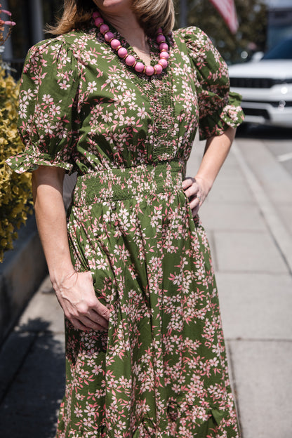 Floral Tiered Midi Dress Dress - Olive