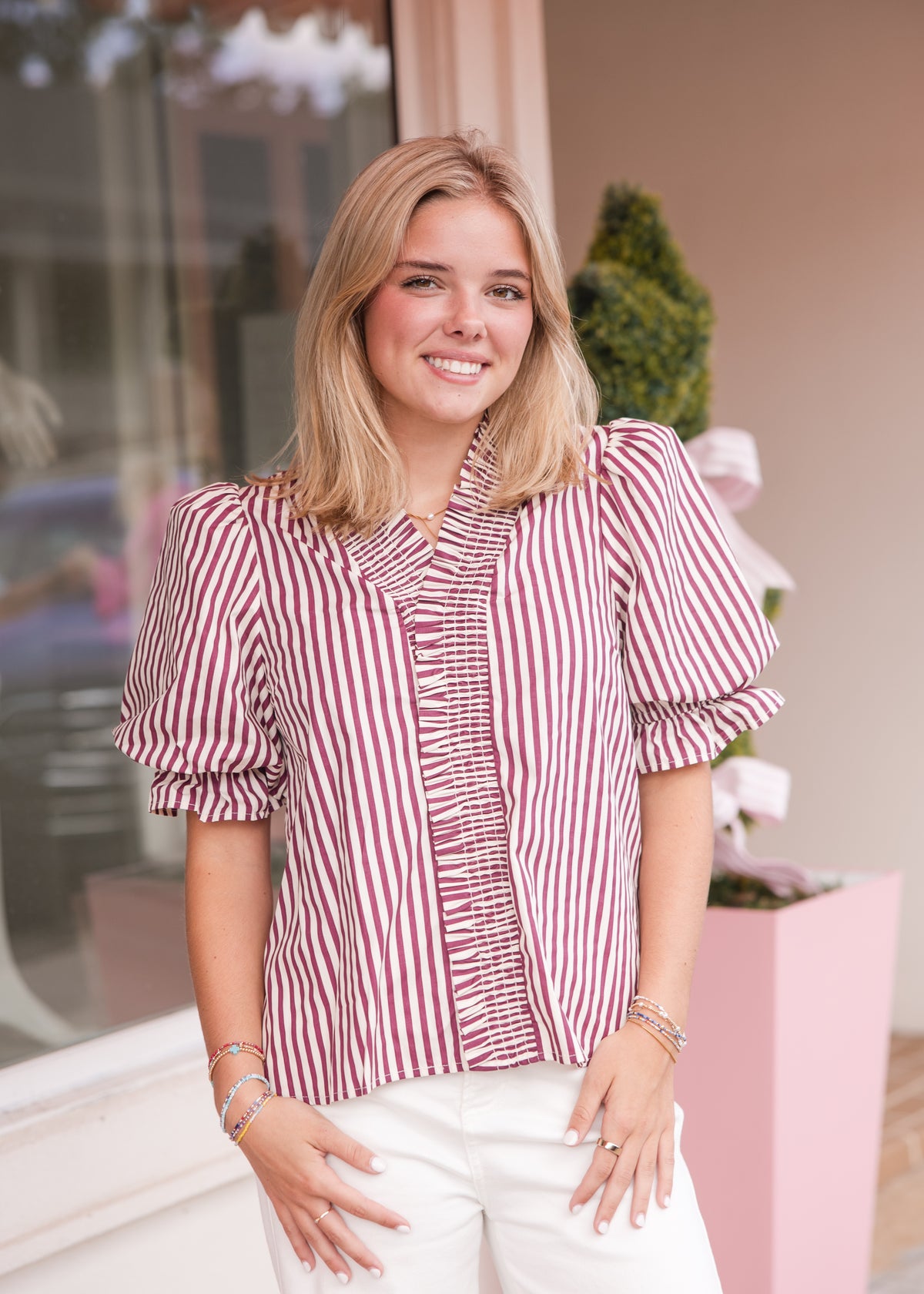 Stripe Puff Sleeve with Ruffle V-Neck Top - Plum