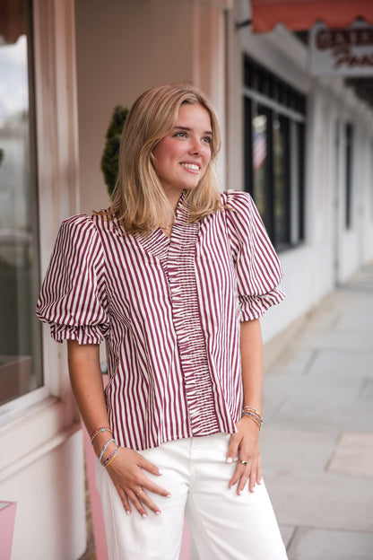 Stripe Puff Sleeve with Ruffle V-Neck Top - Plum