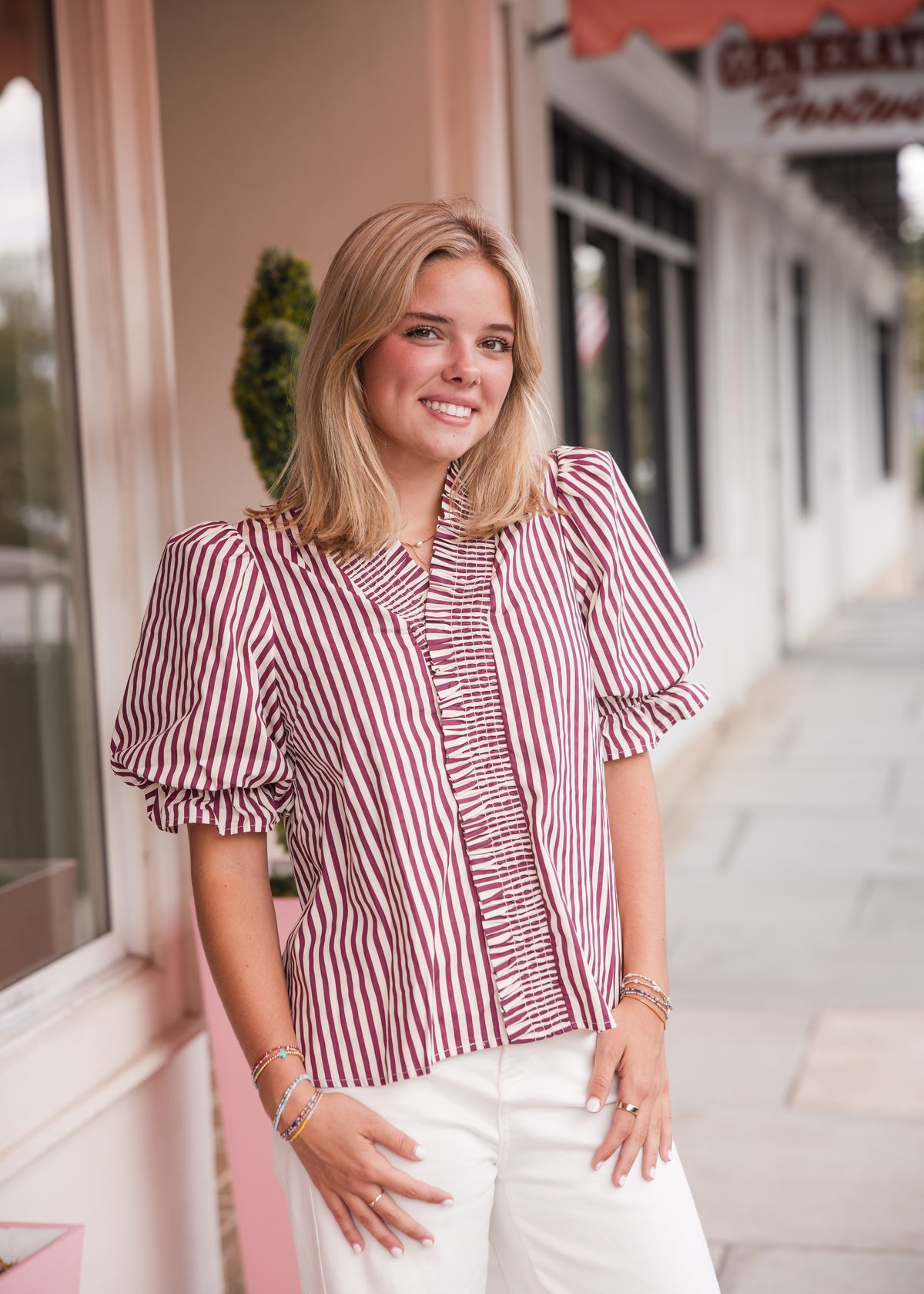 Stripe Puff Sleeve with Ruffle V-Neck Top - Plum