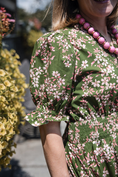 Floral Tiered Midi Dress Dress - Olive