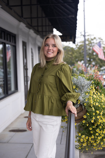 Ruffle Detail Peplum Top - Martini Olive
