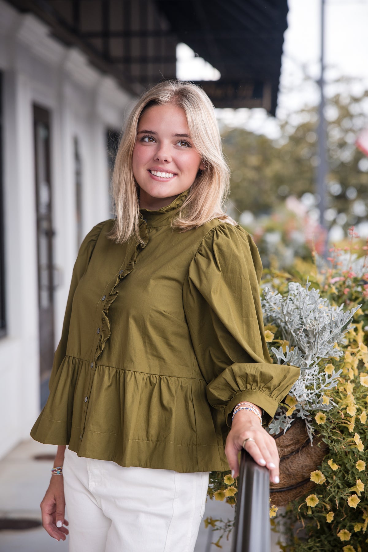 Ruffle Detail Peplum Top - Martini Olive