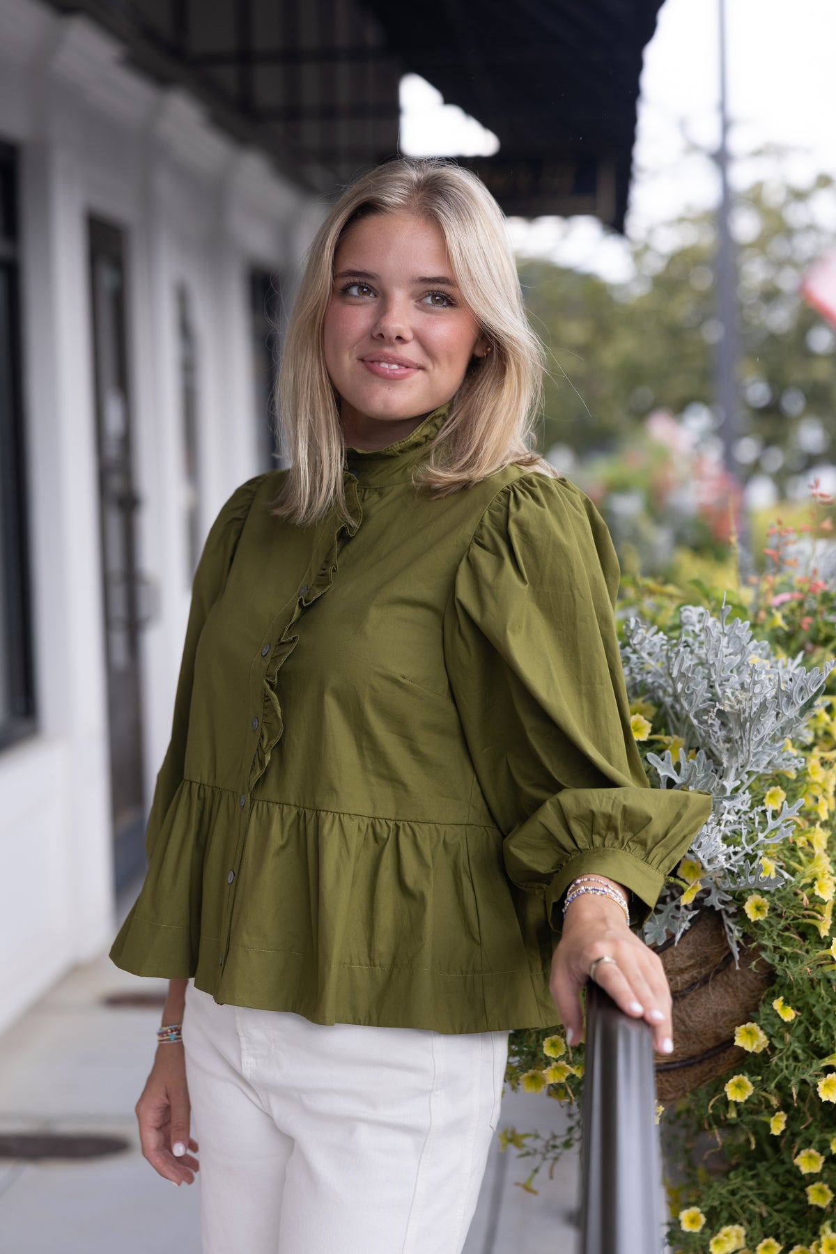 Ruffle Detail Peplum Top - Martini Olive