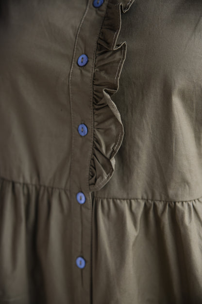 Ruffle Detail Peplum Top - Martini Olive