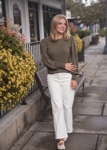 Smocked Cuff Rib Neck Long Sleeve Tee Shirt - Troops
