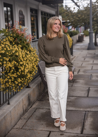 Smocked Cuff Rib Neck Long Sleeve Tee Shirt - Troops