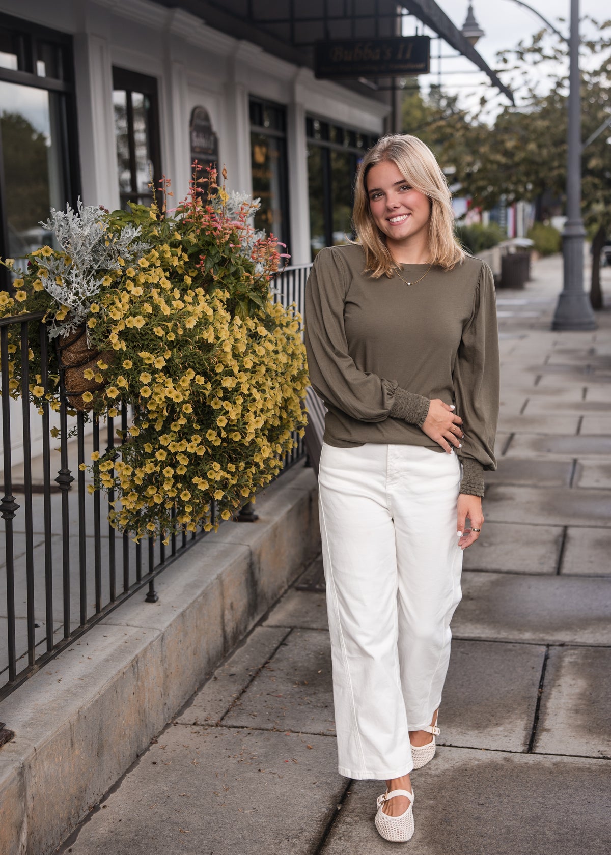 Smocked Cuff Rib Neck Long Sleeve Tee Shirt - Troops
