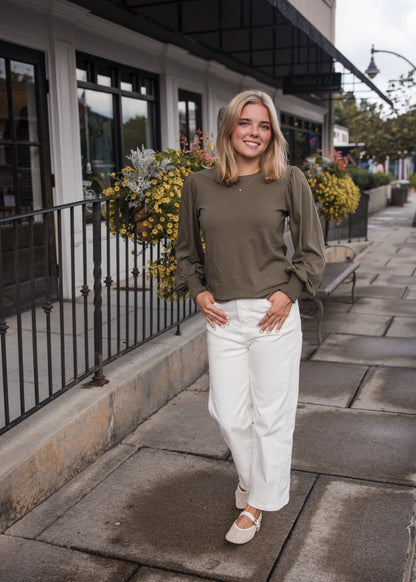 Smocked Cuff Rib Neck Long Sleeve Tee Shirt - Troops
