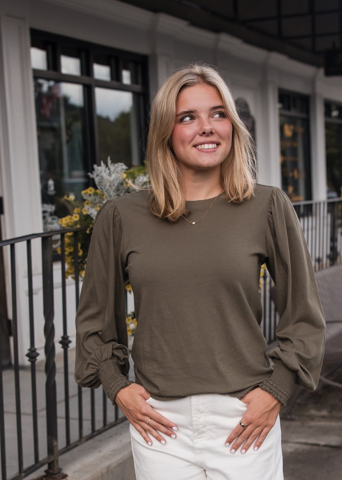 Smocked Cuff Rib Neck Long Sleeve Tee Shirt - Troops