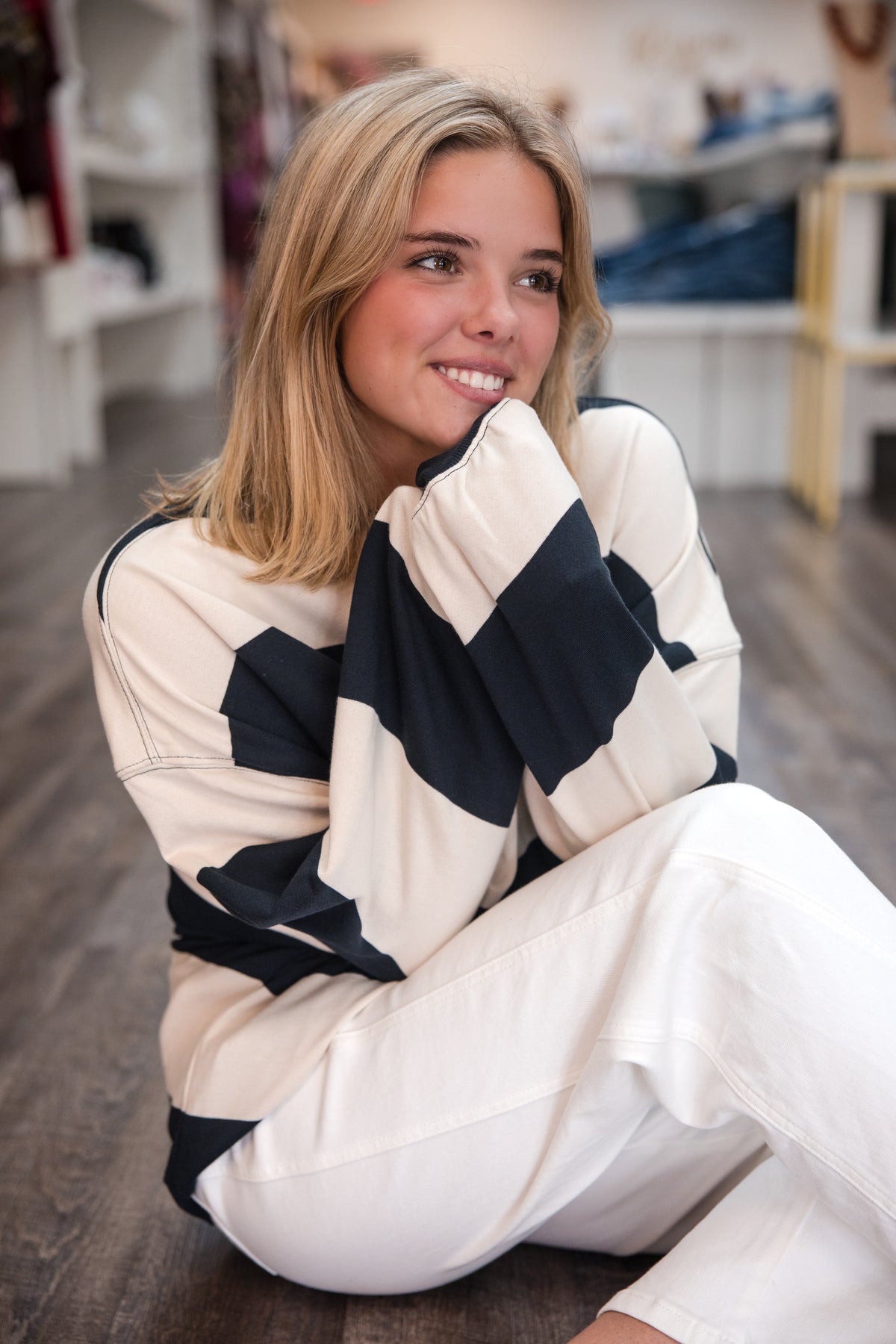 Free People Classic Stripe Crew Sweatshirt - Black Combo