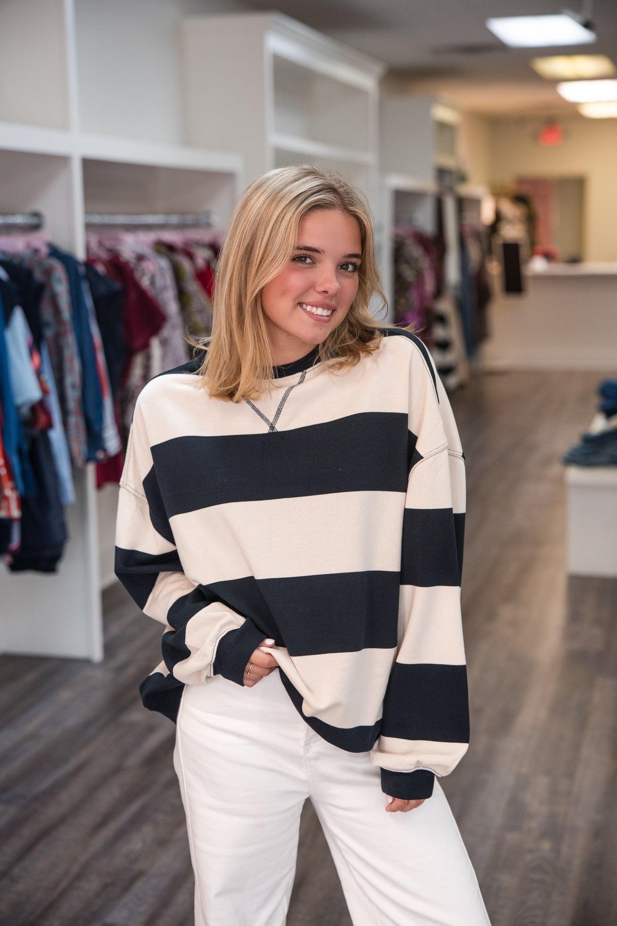 Free People Classic Stripe Crew Sweatshirt - Black Combo