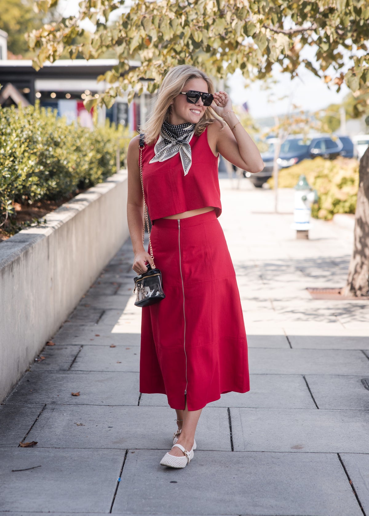 Front Zip Denim Midi Skirt - Red