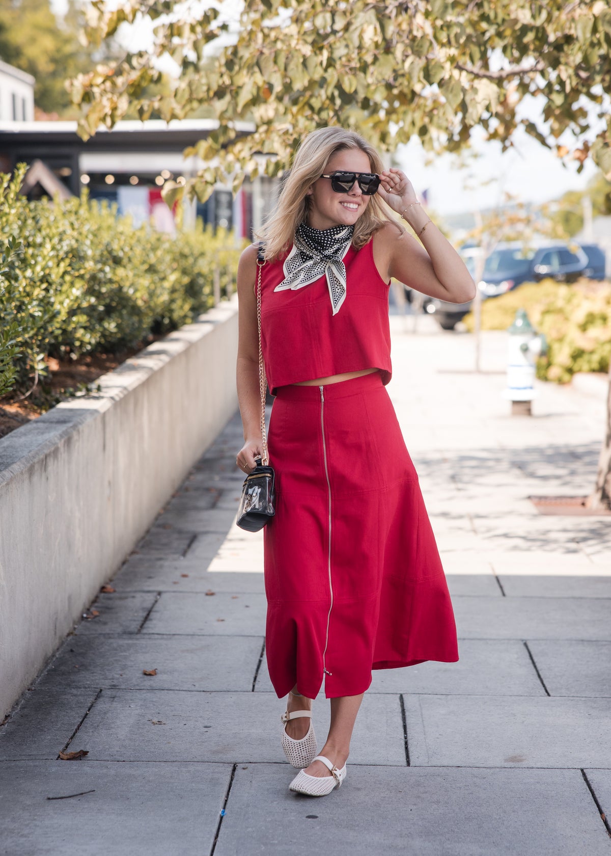 Front Zip Denim Midi Skirt - Red