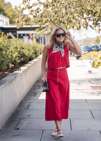Front Zip Denim Midi Skirt - Red