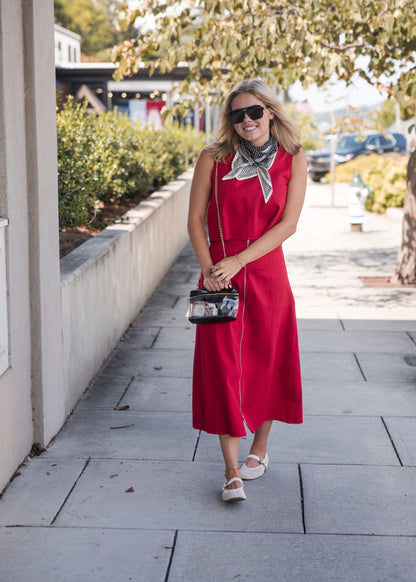 Front Zip Denim Midi Skirt - Red