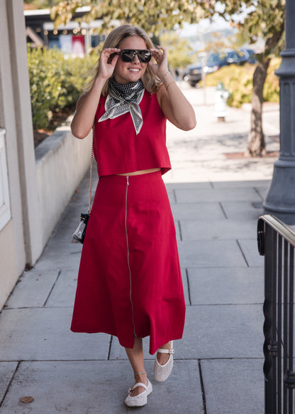 Front Zip Denim Midi Skirt - Red