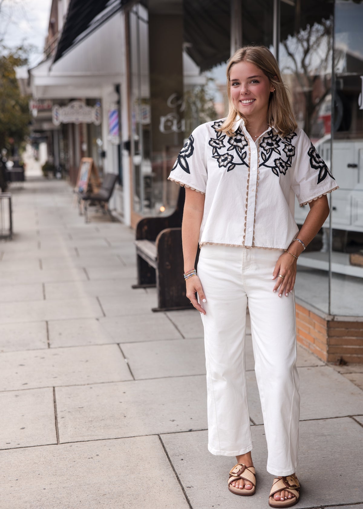 Collared Button Up Embroidery Top - White