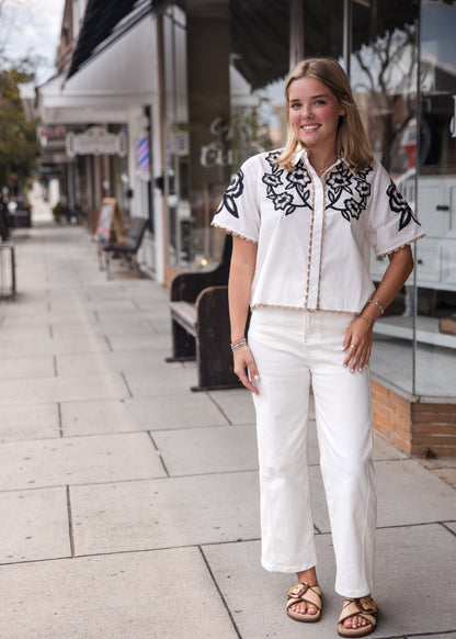 Collared Button Up Embroidery Top - White
