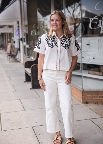 Collared Button Up Embroidery Top - White