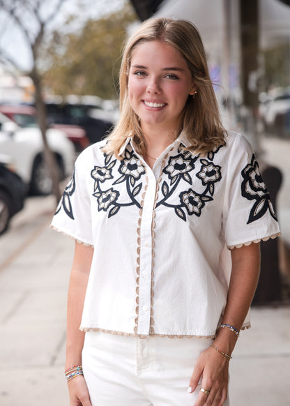 Collared Button Up Embroidery Top - White