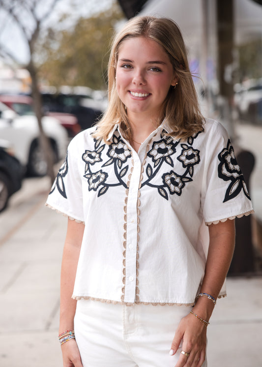 Collared Button Up Embroidery Top - White