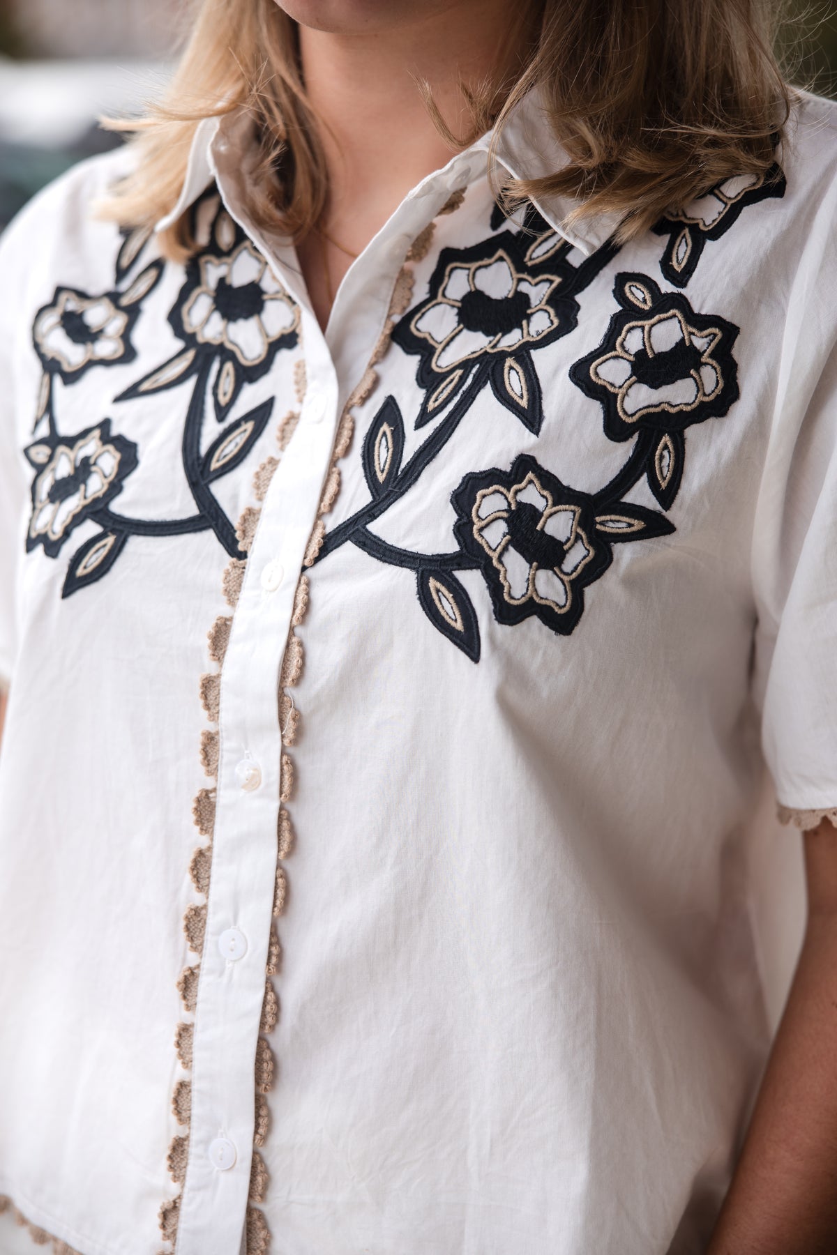 Collared Button Up Embroidery Top - White