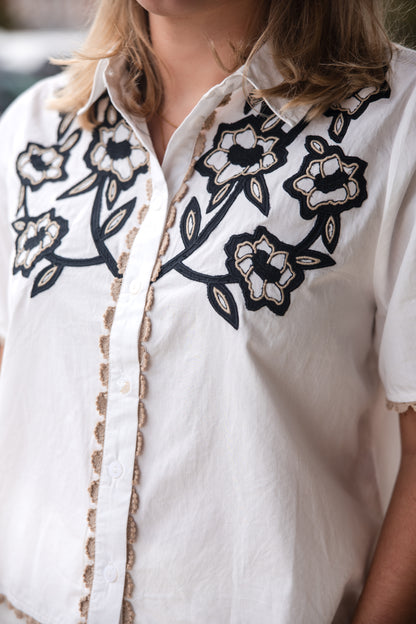 Collared Button Up Embroidery Top - White