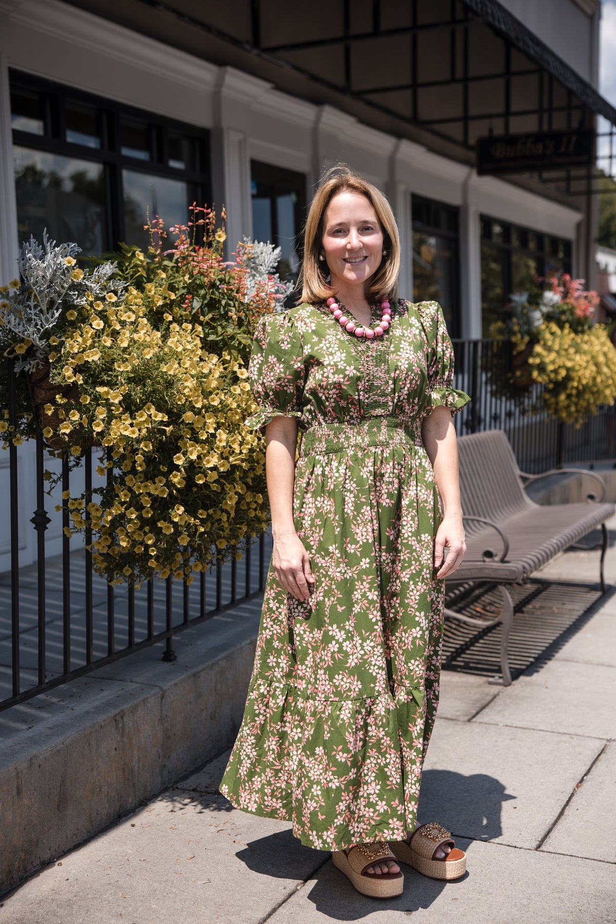Floral Tiered Midi Dress Dress - Olive