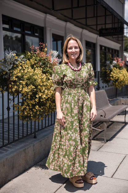 Floral Tiered Midi Dress Dress - Olive