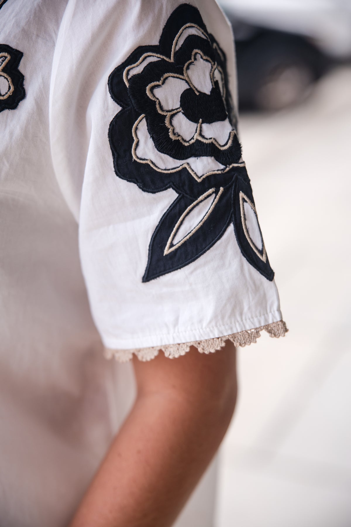 Collared Button Up Embroidery Top - White