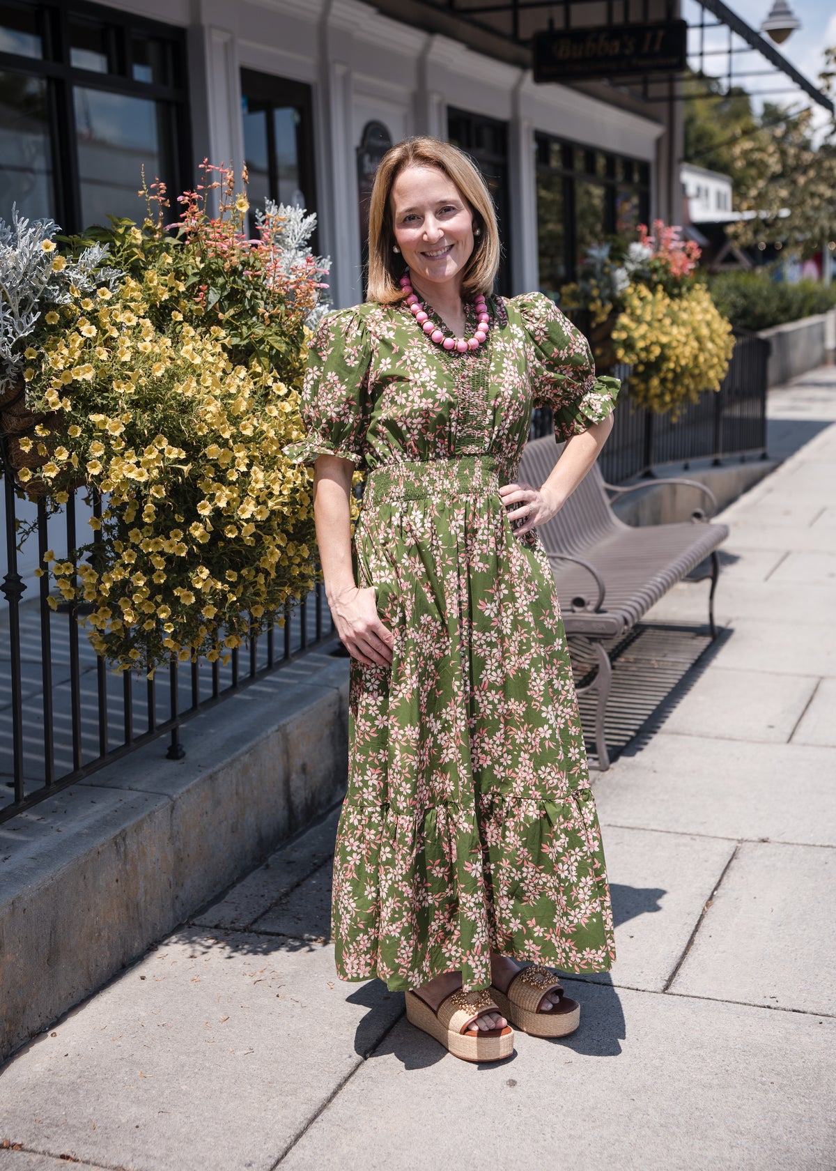 Floral Tiered Midi Dress Dress - Olive