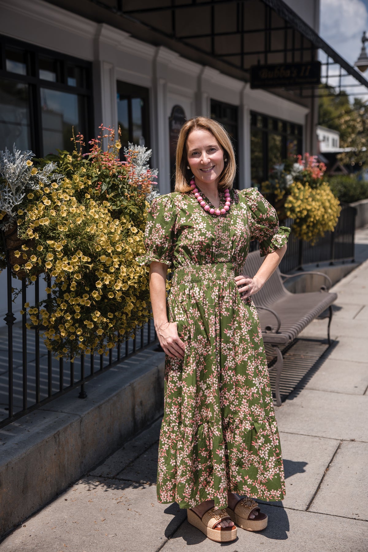 Floral Tiered Midi Dress Dress - Olive