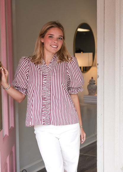 Stripe Puff Sleeve with Ruffle V-Neck Top - Plum