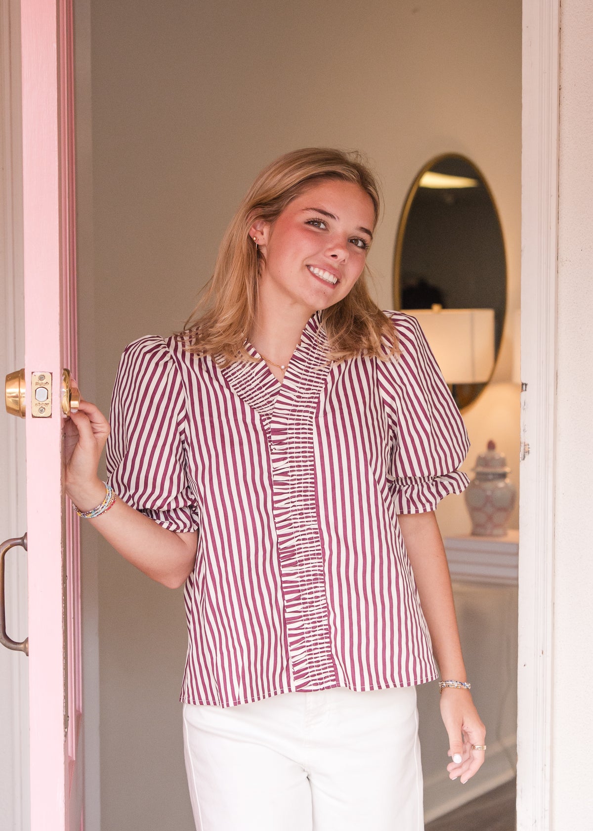 Stripe Puff Sleeve with Ruffle V-Neck Top - Plum