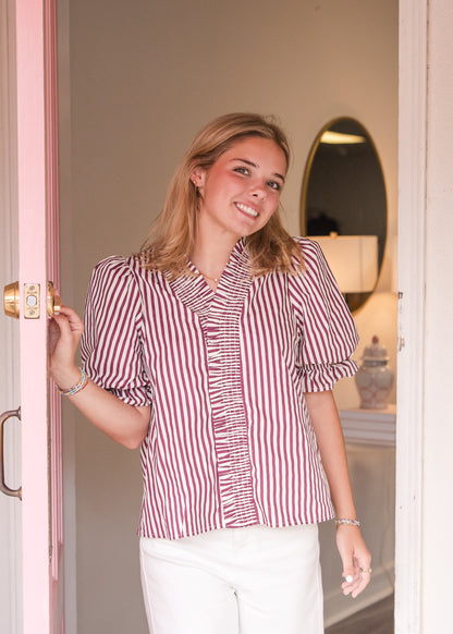 Stripe Puff Sleeve with Ruffle V-Neck Top - Plum