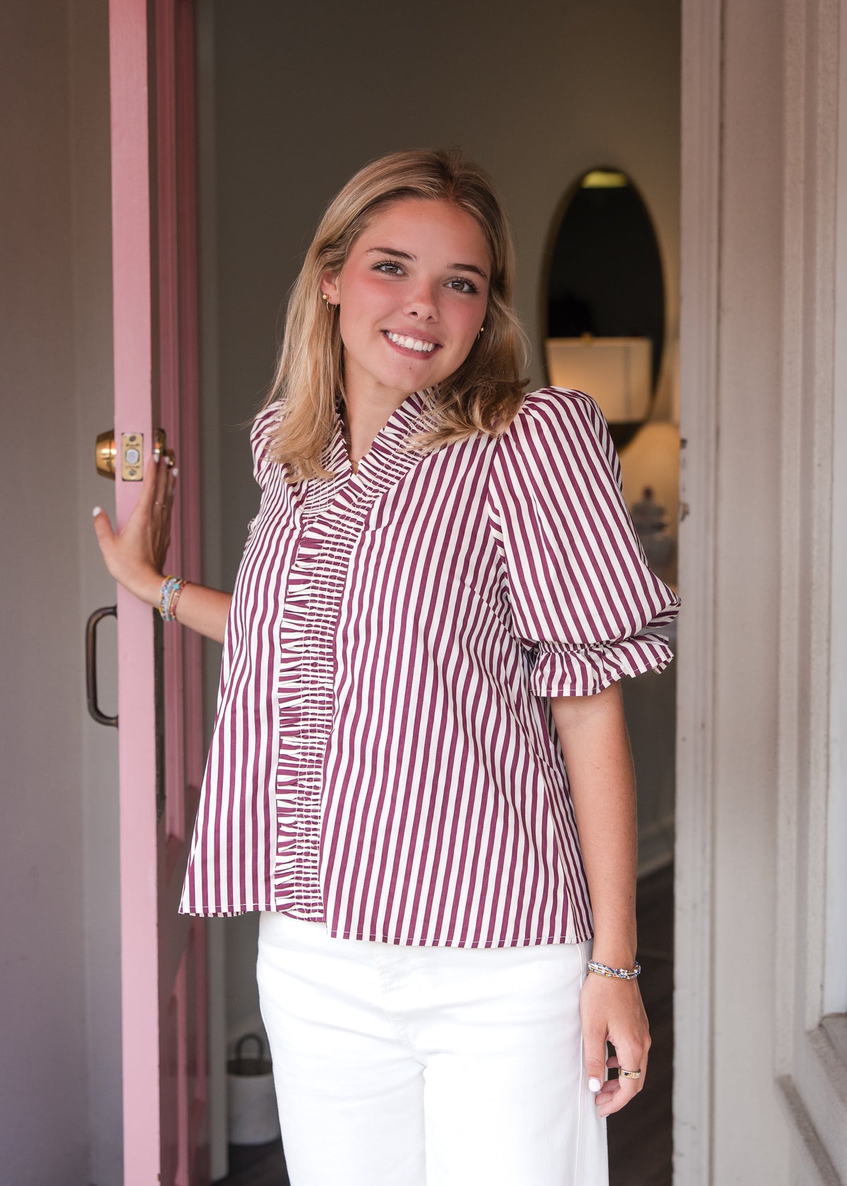 Stripe Puff Sleeve with Ruffle V-Neck Top - Plum